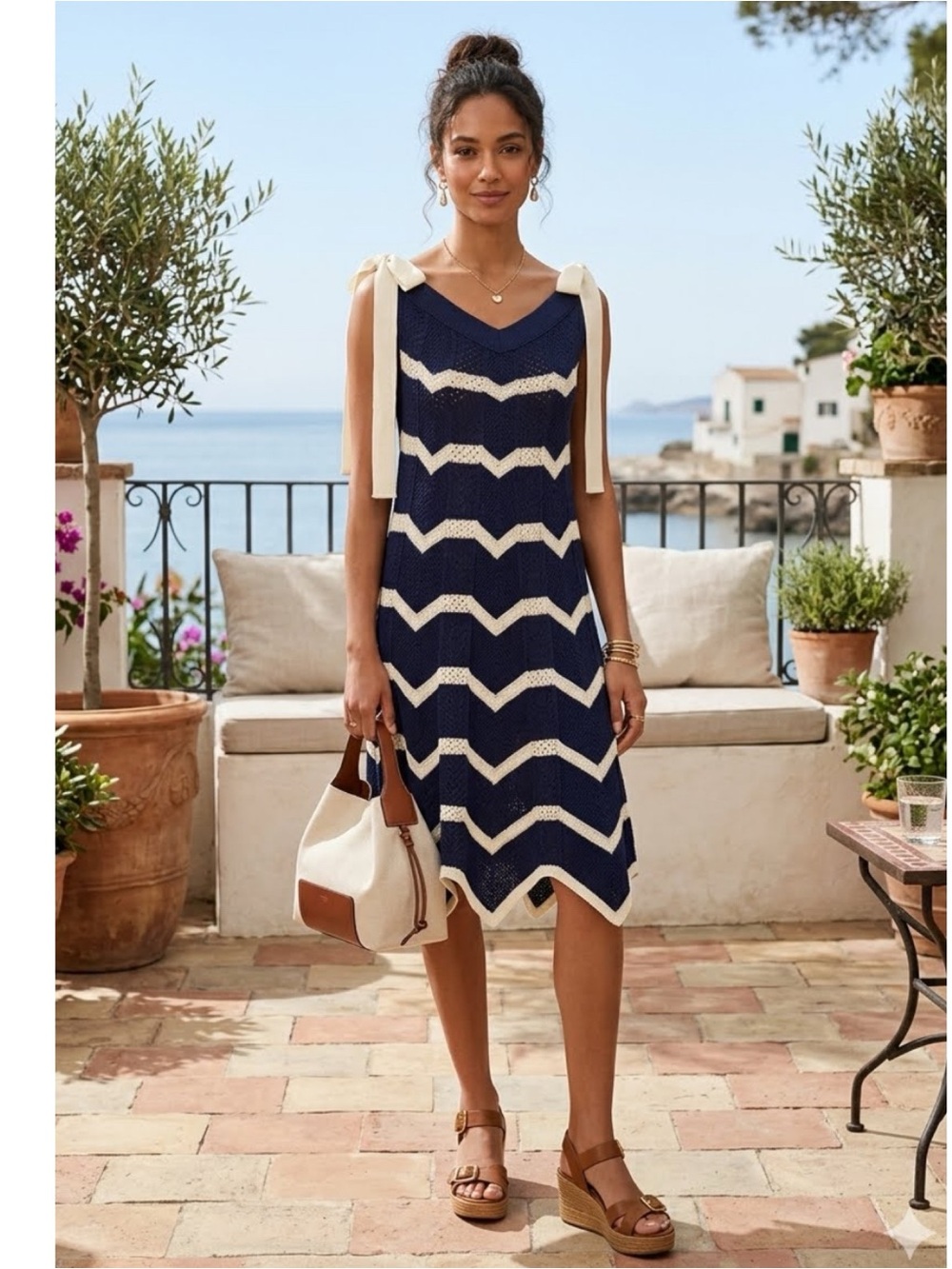La Double J Chevron Knitted Midi Dress Sz XS Navy Cream Coastal chic lux